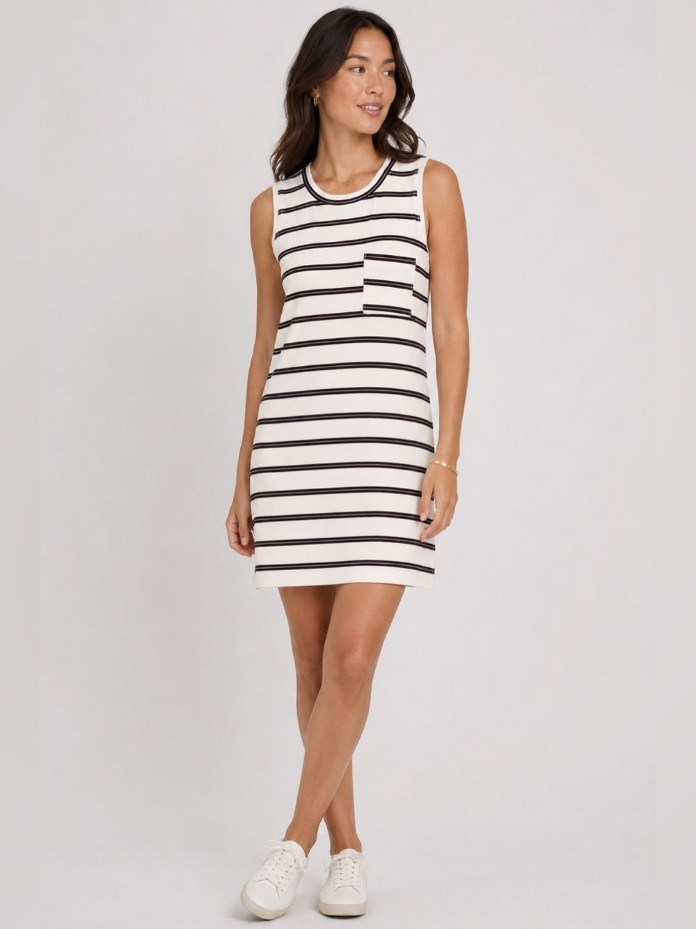 Three Dots Stretch Knit Tank Dress Sleeveless Striped Cream Black Pink M NEW